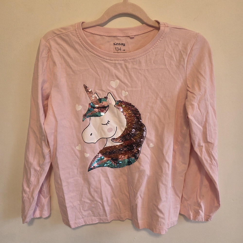 Girls' Pink Long-Sleeve Unicorn Sequin Tee